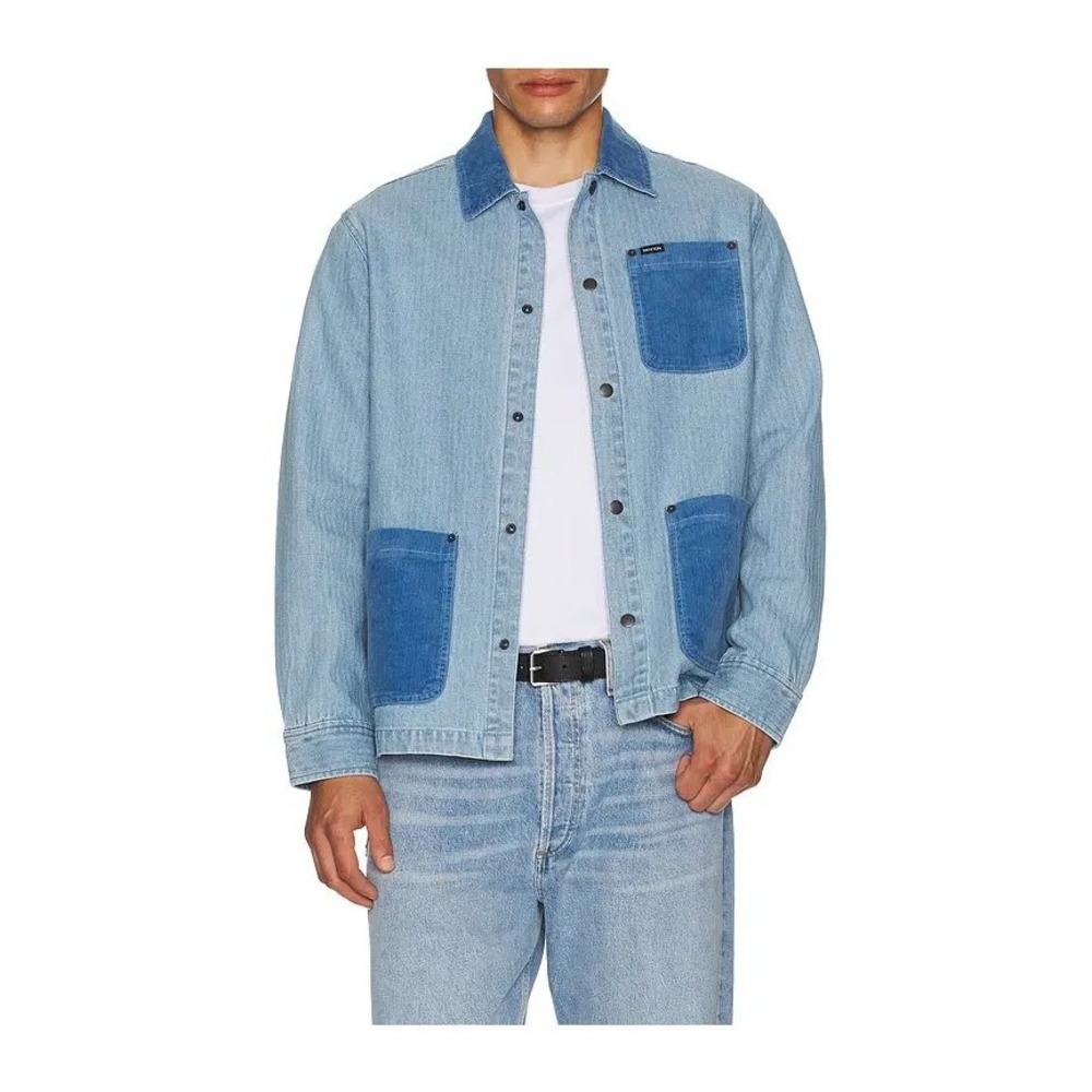 Brixton Herringbone LW Chore Coat Light Wash Denim Blue Corduroy Jacket Mens L
